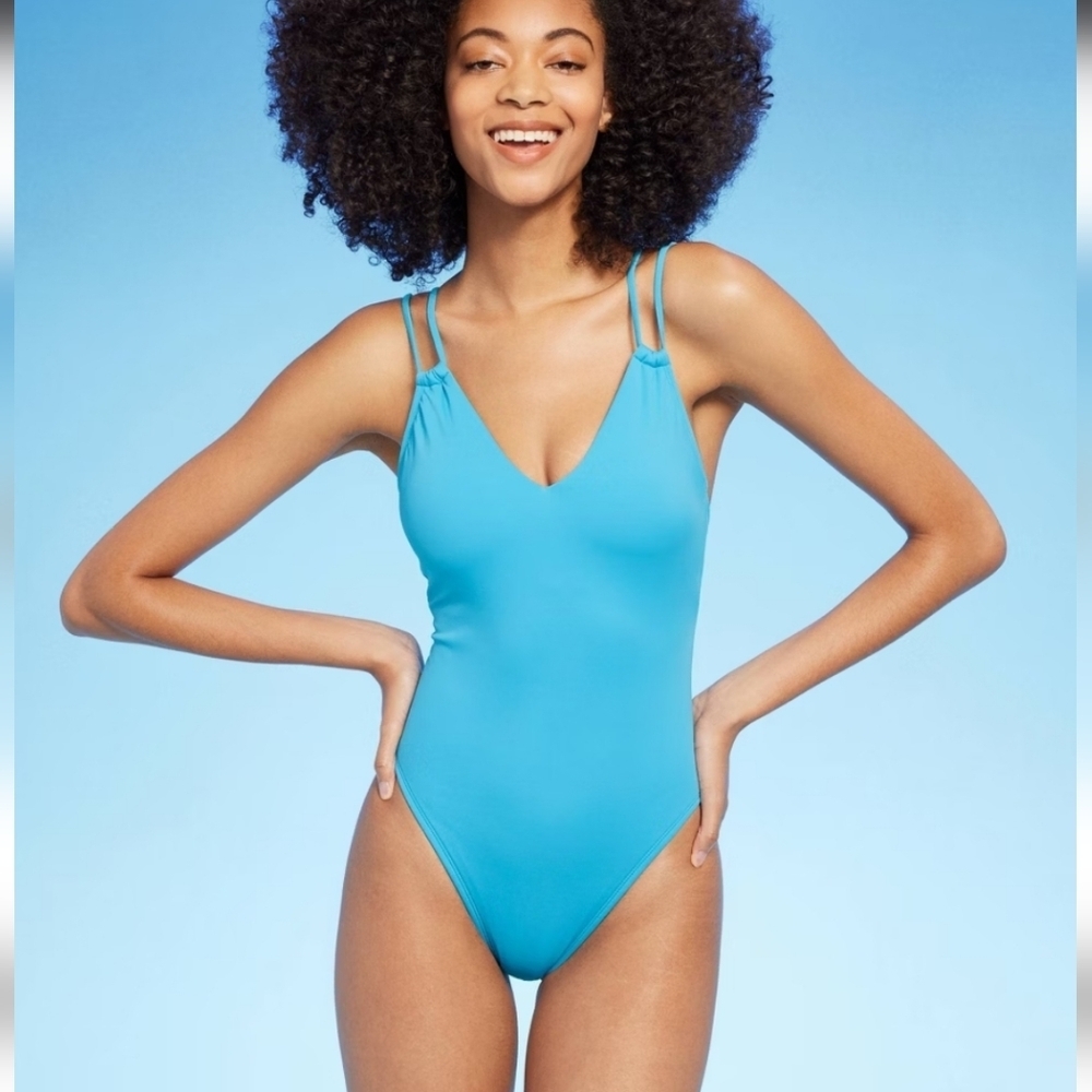 Women's Tunneled Plunge One Piece Swimsuit - Shade & Shore Turquoise Blue M